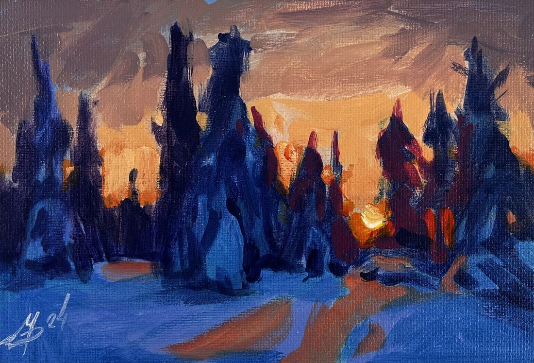 Acrylic painting Sunset behind the forest Mykhailo Patskan - 3