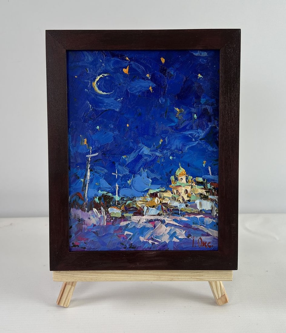 Oil painting Moonlit night over the city Oksana Kalenyuk: Title: Oil painting Moonlit night over the city Oksana Kalenyuk Description: No.AAA5063The oil painting on Cardboard titled "Moonlit Night Over the City" is a mesmerizing expressionist portrayal of a 