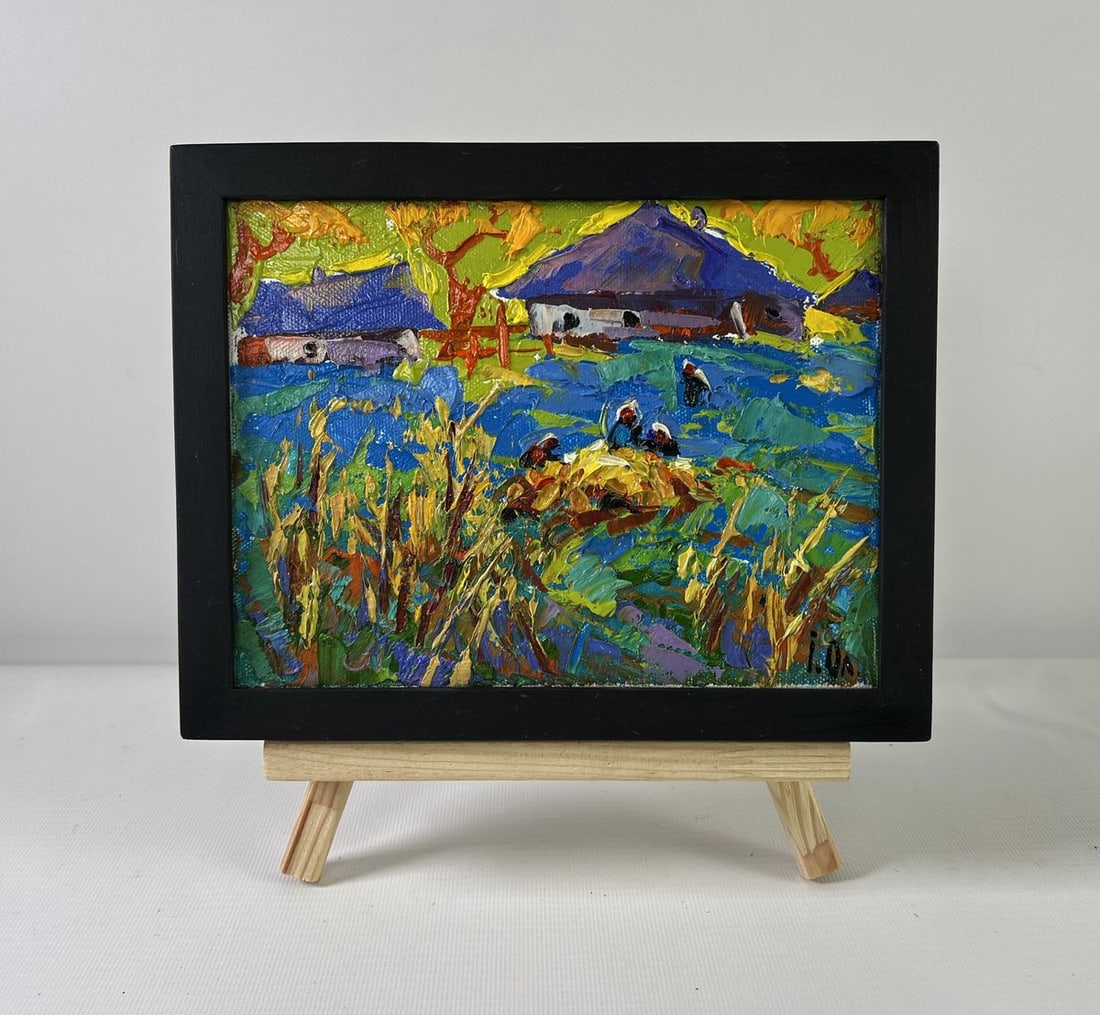 Oil painting Golden Harvest Alex Kalenyuk: Title: Oil painting Golden Harvest Alex Kalenyuk Description: No.AAA5270The oil painting on Canvas titled "Golden Harvest" vividly captures a moment of rural labor and abundance, bathed in the intense