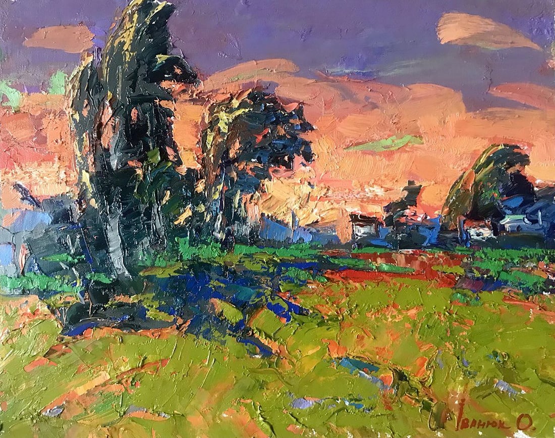 Oil painting Evening Kalenyuk Alex: Title: Oil painting Evening Kalenyuk Alex Description: No.Kalen 1070 "Evening" is a captivating oil painting that captures the essence of a serene summer landscape. The canvas portrays a sprawling gre