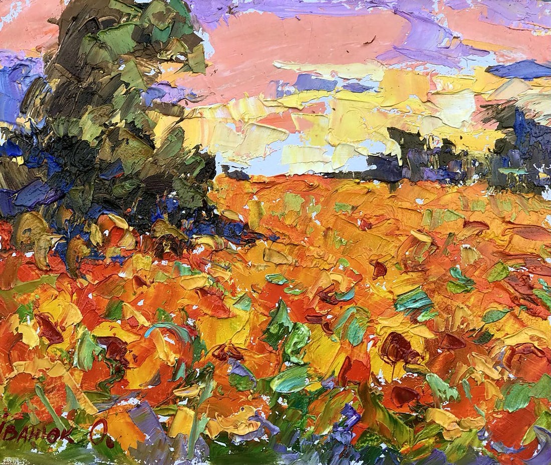 Oil painting Sunny field Kalenyuk Alex: Title: Oil painting Sunny field Kalenyuk Alex Description: No.Kalen 1084 "Sunny Field" is a captivating oil painting that transports viewers into a vibrant and idyllic landscape. Created with