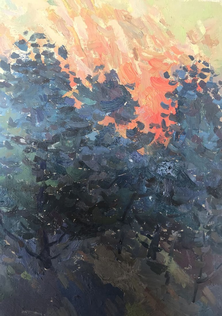 Oil painting Sunset behind the forest Peter Tovpev - 9