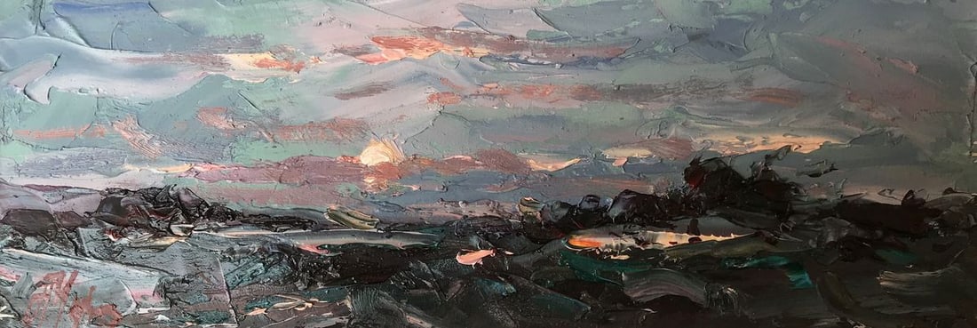 Oil painting The sun is setting Alexander Nikolaevich Cherednichenko: Title: Oil painting The sun is setting Alexander Nikolaevich Cherednichenko Description: No.AAA2706This oil painting depicts a serene and peaceful scene of a field at dusk. The artist has skillfully