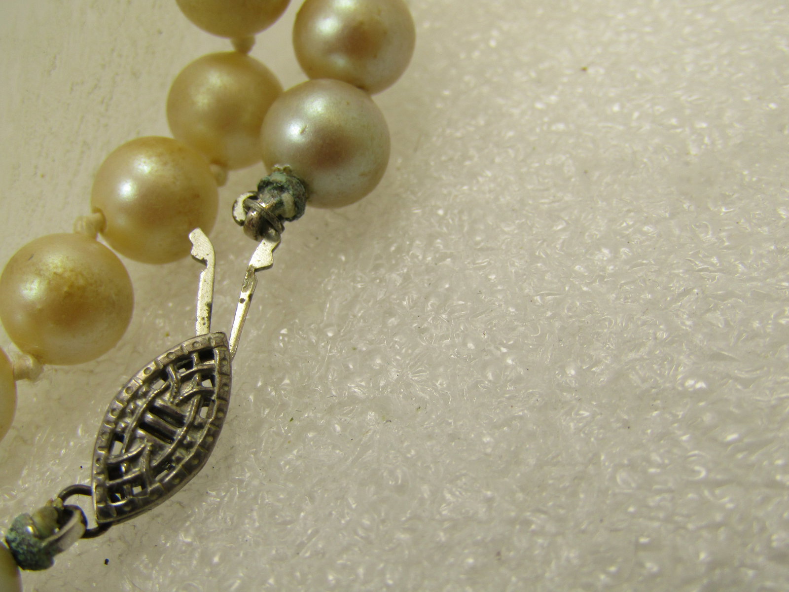 Vintage Knotted Pearl Necklace, 7.8mm, 24", Sterling Filigree Clasp, 1940's - 7