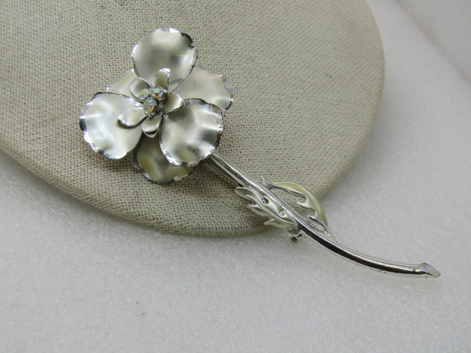 Vintage Long Floral Brooch, AB Rhinestones, 4.25" - 3