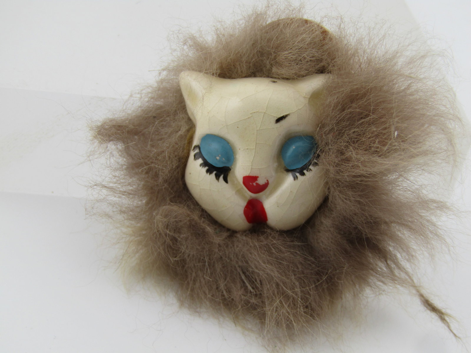 Vintage Ceramic Cat Face/Fur Brooch, Handmade, 1950's-1960's - 3