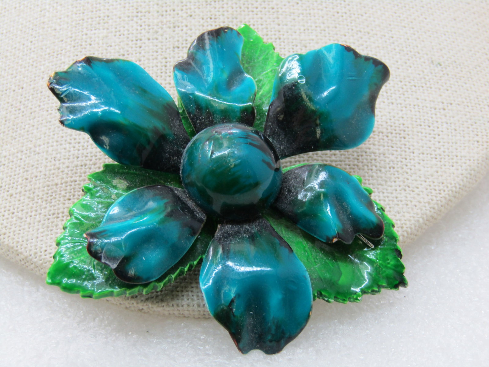 Vintage Blue Green Enameled Floral Brooch , 1960's, 2.75" (1 of 7)
