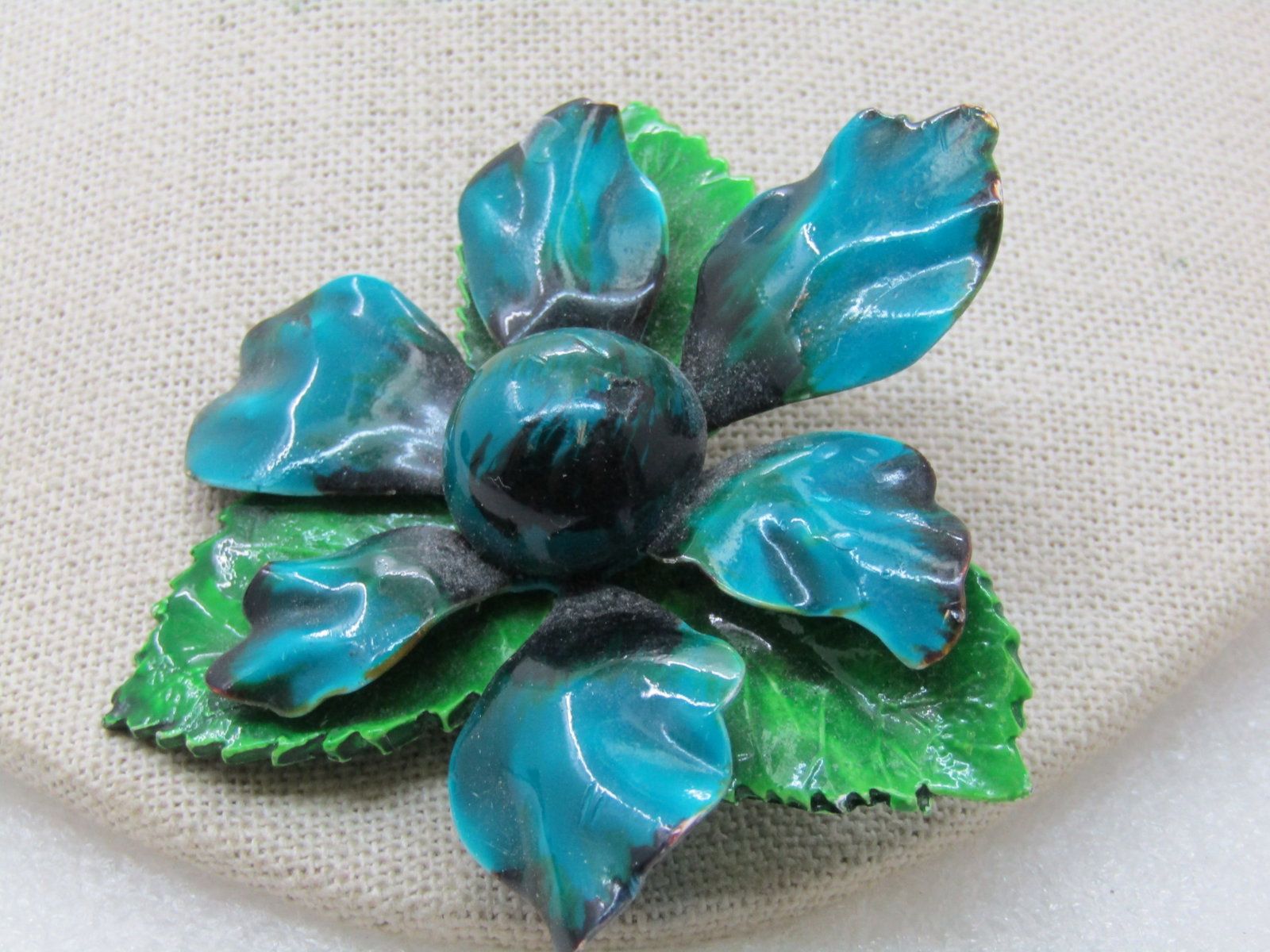 Vintage Blue Green Enameled Floral Brooch , 1960's, 2.75" - 3
