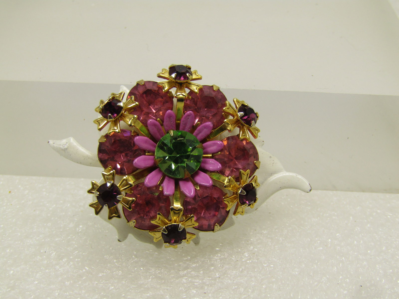 Vintage Enameled & Rhinestone Leaf Brooch, 1940's-1950's - 2