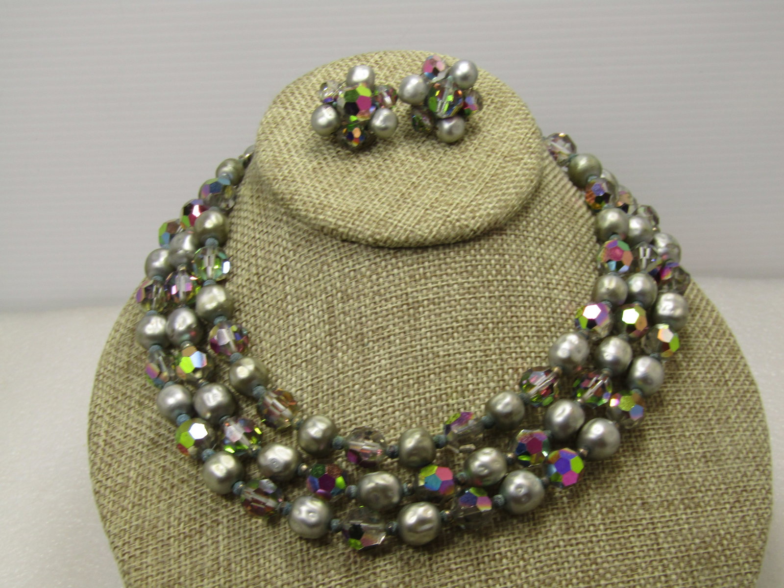 Vintage AB Crystal & Silver Beaded Necklace & Earrings, Triple strand, 1940's - 2