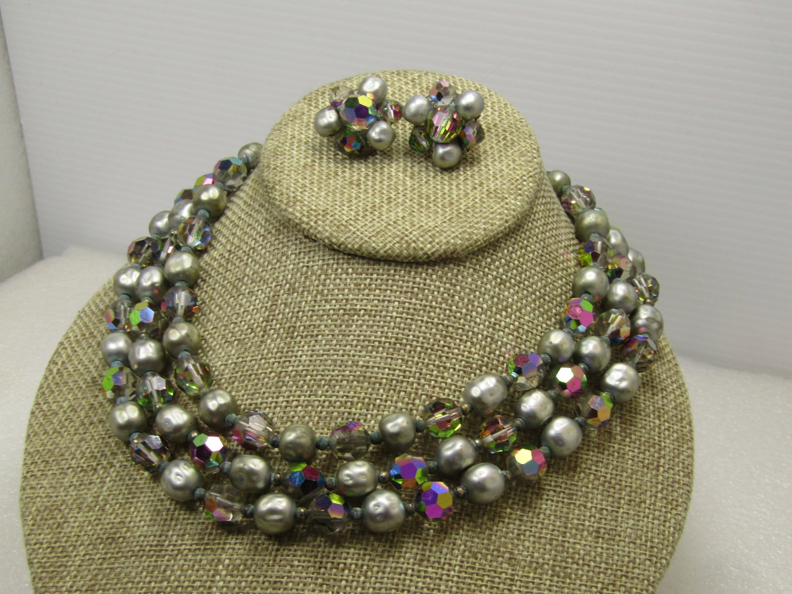 Vintage AB Crystal & Silver Beaded Necklace & Earrings, Triple strand, 1940's - 3