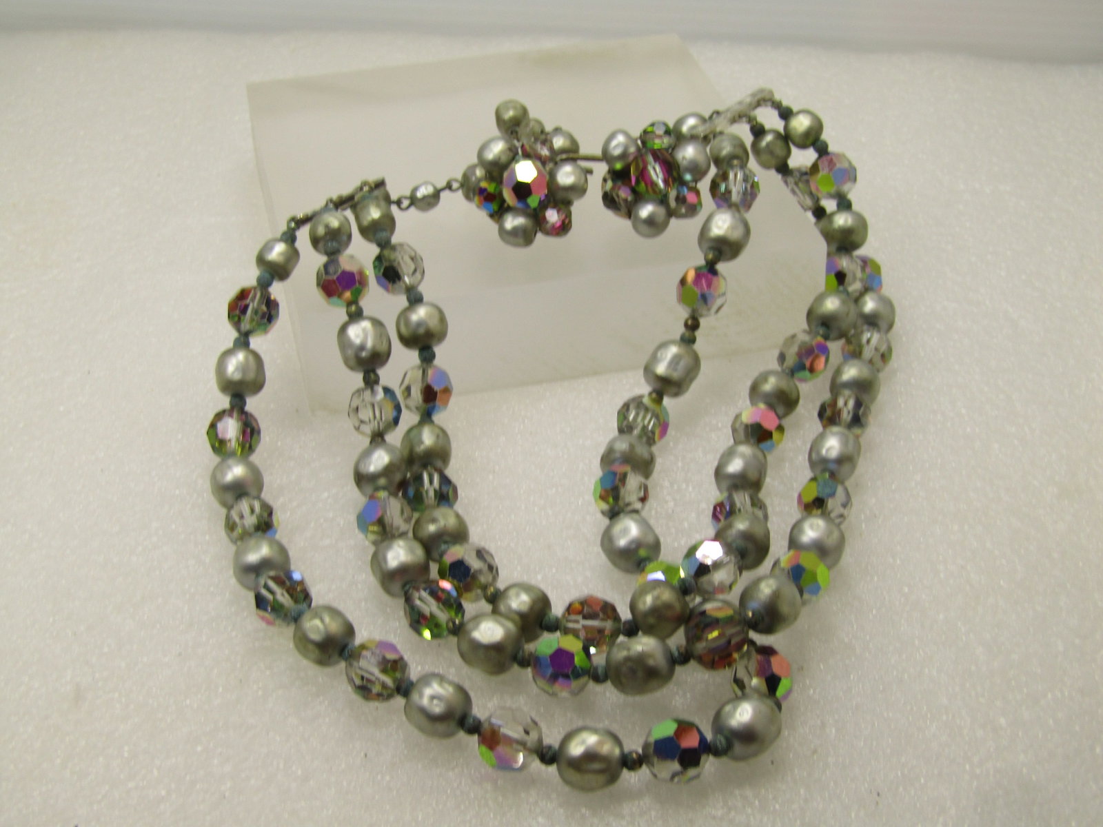 Vintage AB Crystal & Silver Beaded Necklace & Earrings, Triple strand, 1940's - 4