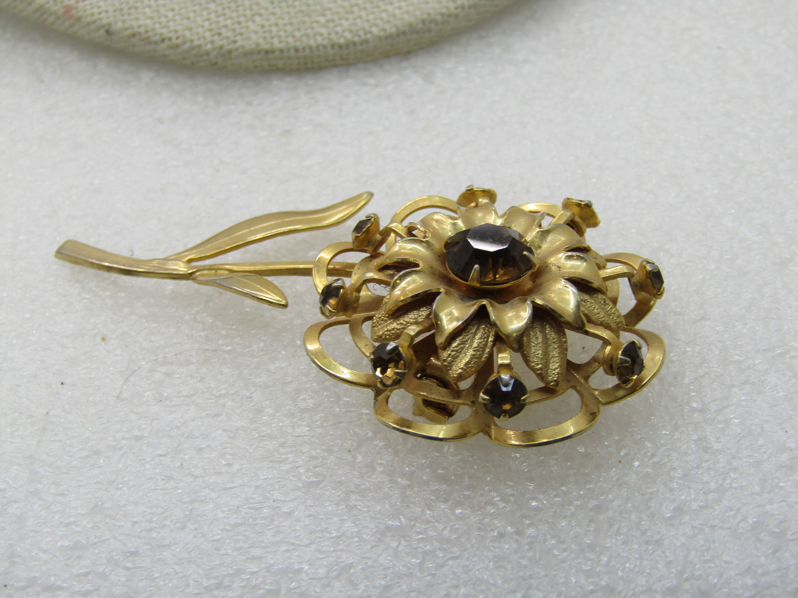 Vintage Brown Rhinestone Floral Brooch with Stem, 1950's-1960's - 2