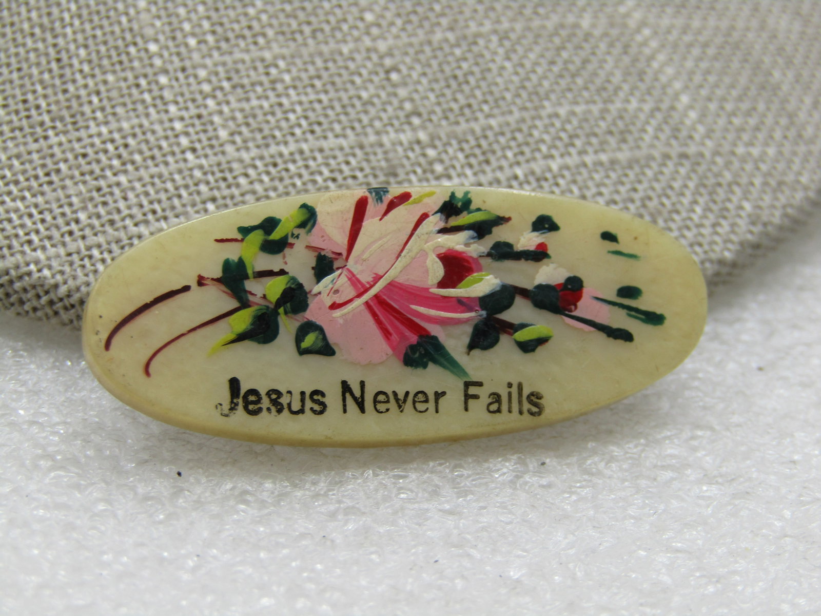 Vintage Mother-of-Pearl Painted Jesus Never Fails Brooch, 1940's - 2