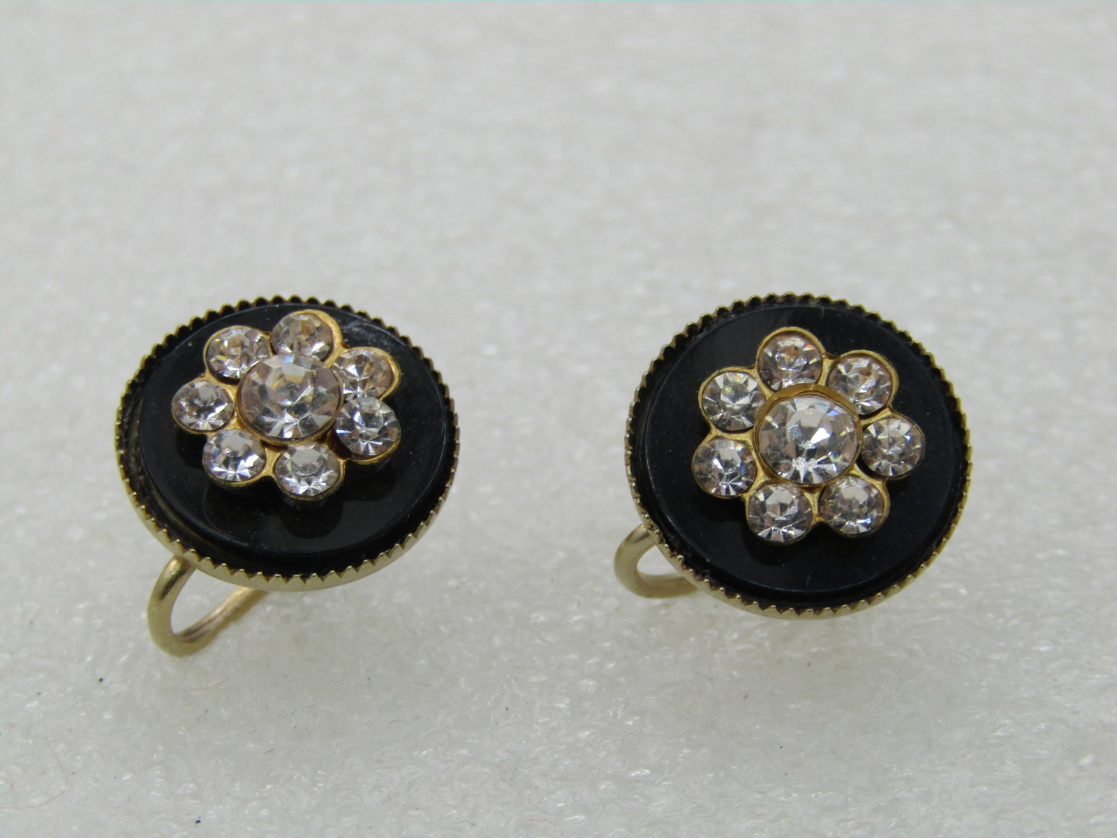 Vintage Black & Clear Rhinestone Blossom Earrings, Mid-Century, Screw Back - 2