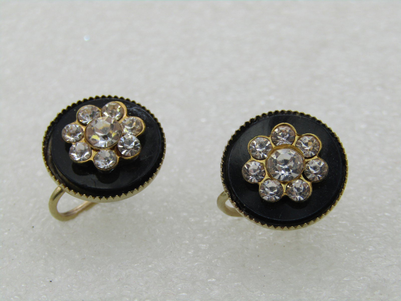 Vintage Black & Clear Rhinestone Blossom Earrings, Mid-Century, Screw Back - 3