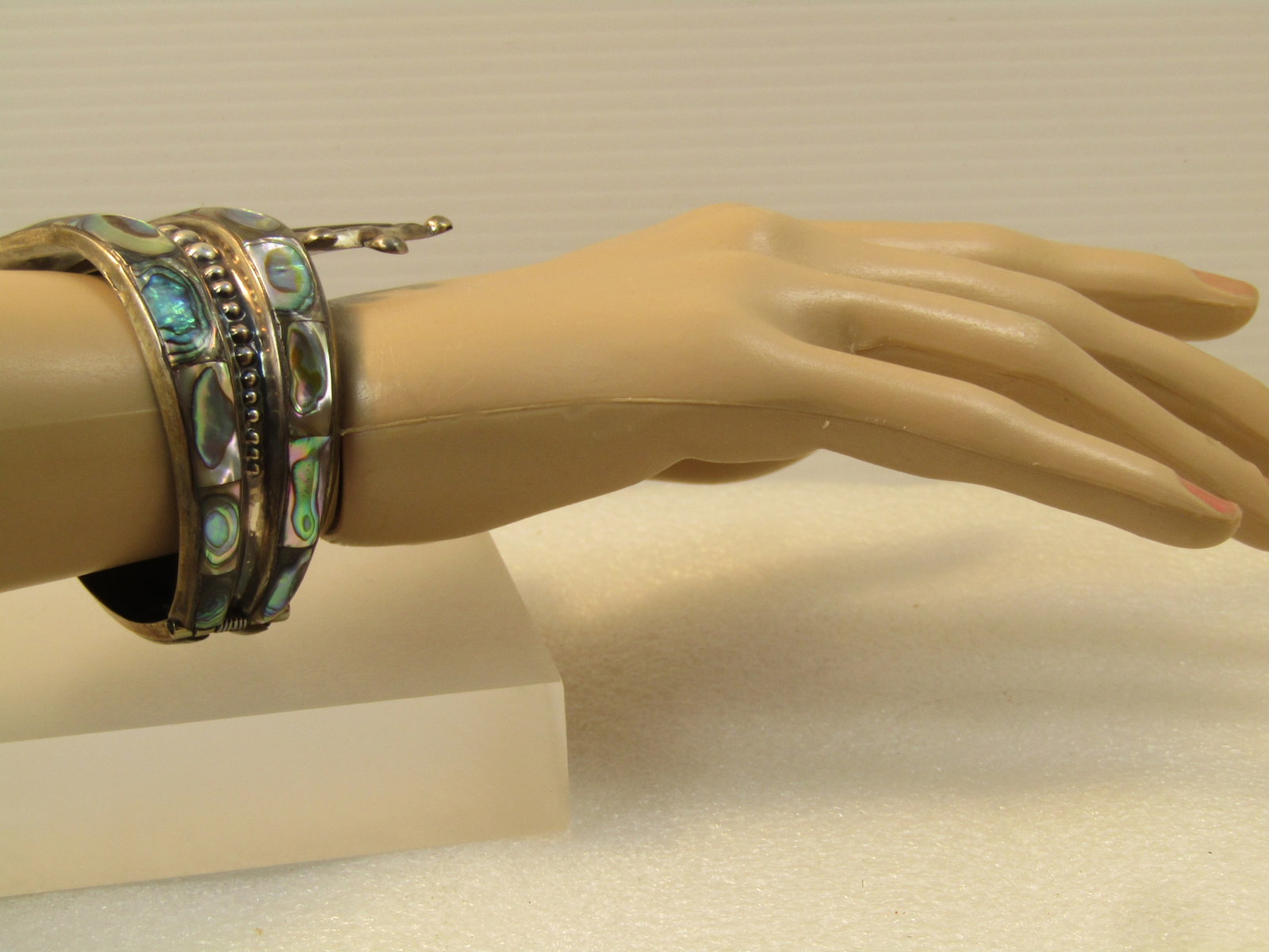 Vintage Sterling Abalone Hinged Clamper Bracelet, 6.75", 1940's-1950's, Mexico Signed F. Balladares - 7