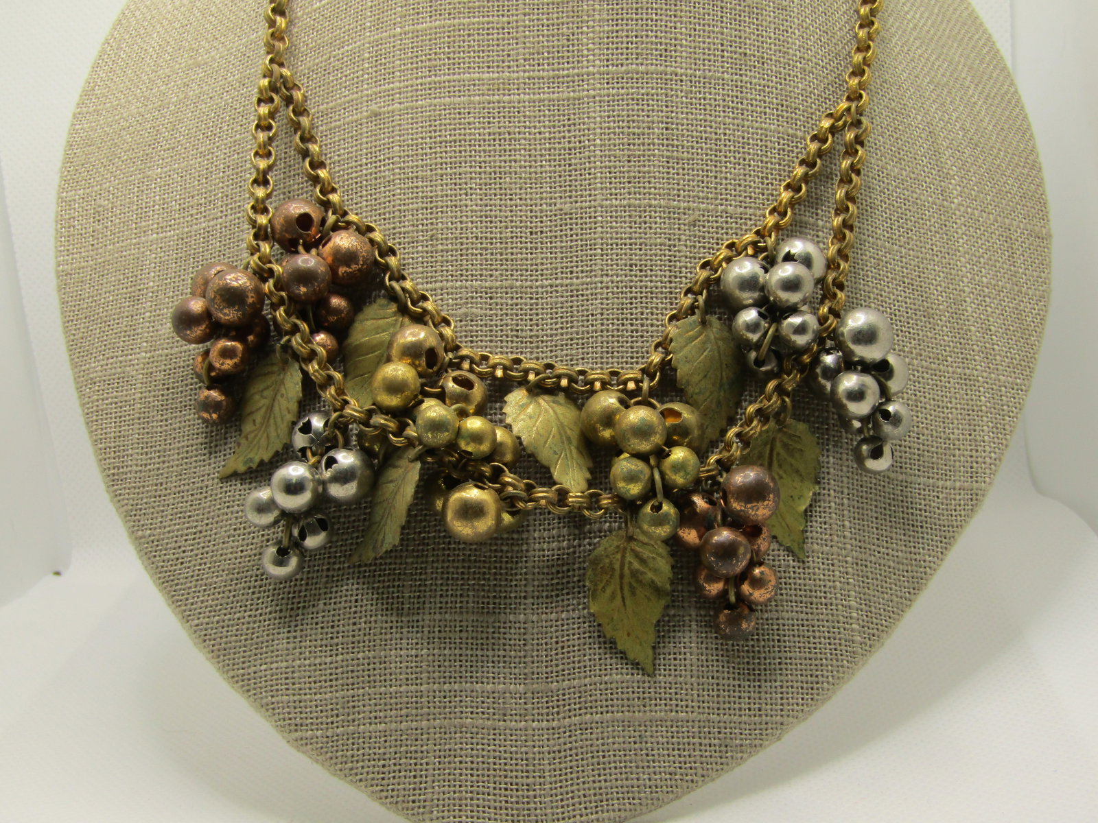 1940's Leaf & Cluster Beaded Drop Necklace, 15.75", Unsigned Miriam Haskell, Brass, Tri-Color - 2