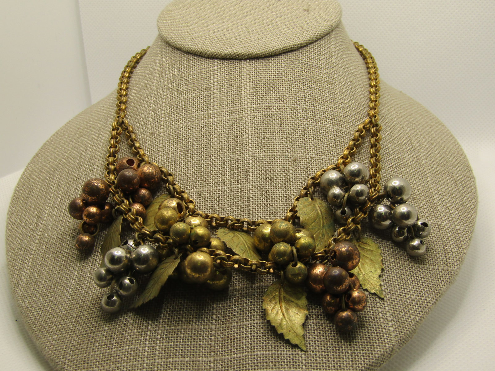 1940's Leaf & Cluster Beaded Drop Necklace, 15.75", Unsigned Miriam Haskell, Brass, Tri-Color - 3