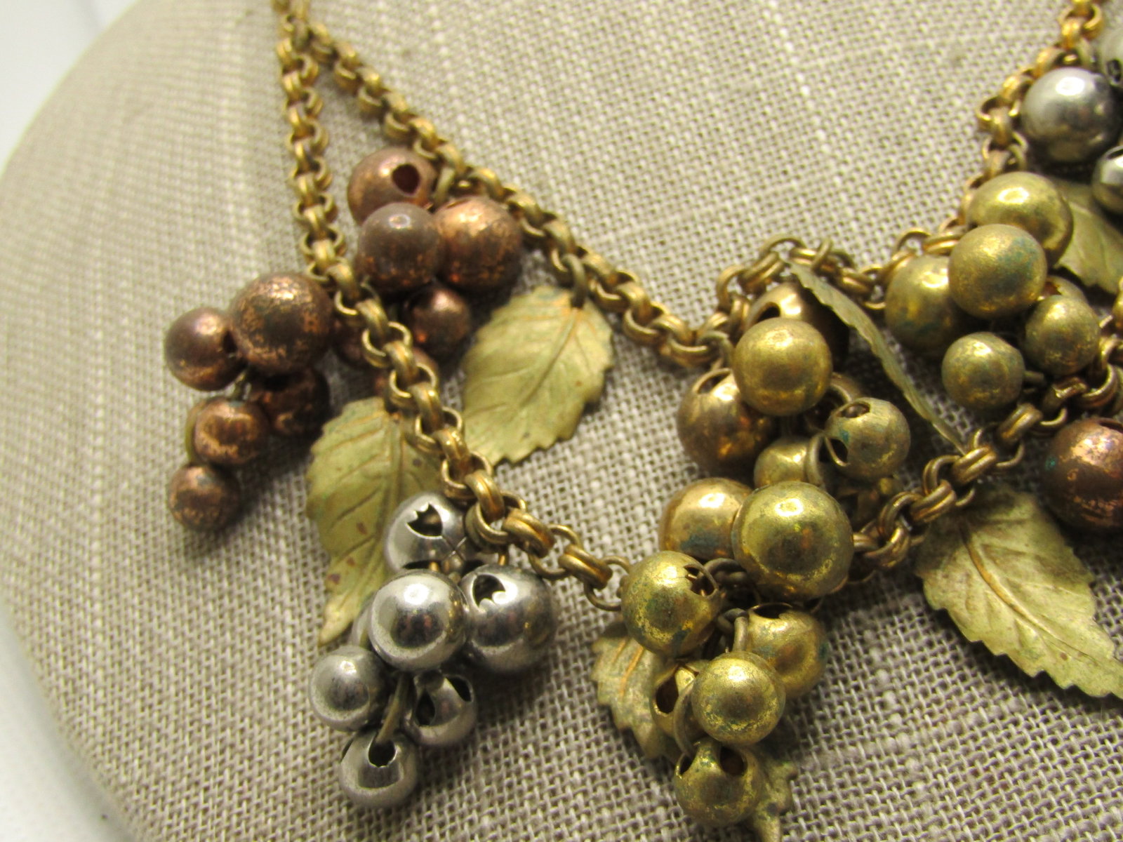 1940's Leaf & Cluster Beaded Drop Necklace, 15.75", Unsigned Miriam Haskell, Brass, Tri-Color - 4