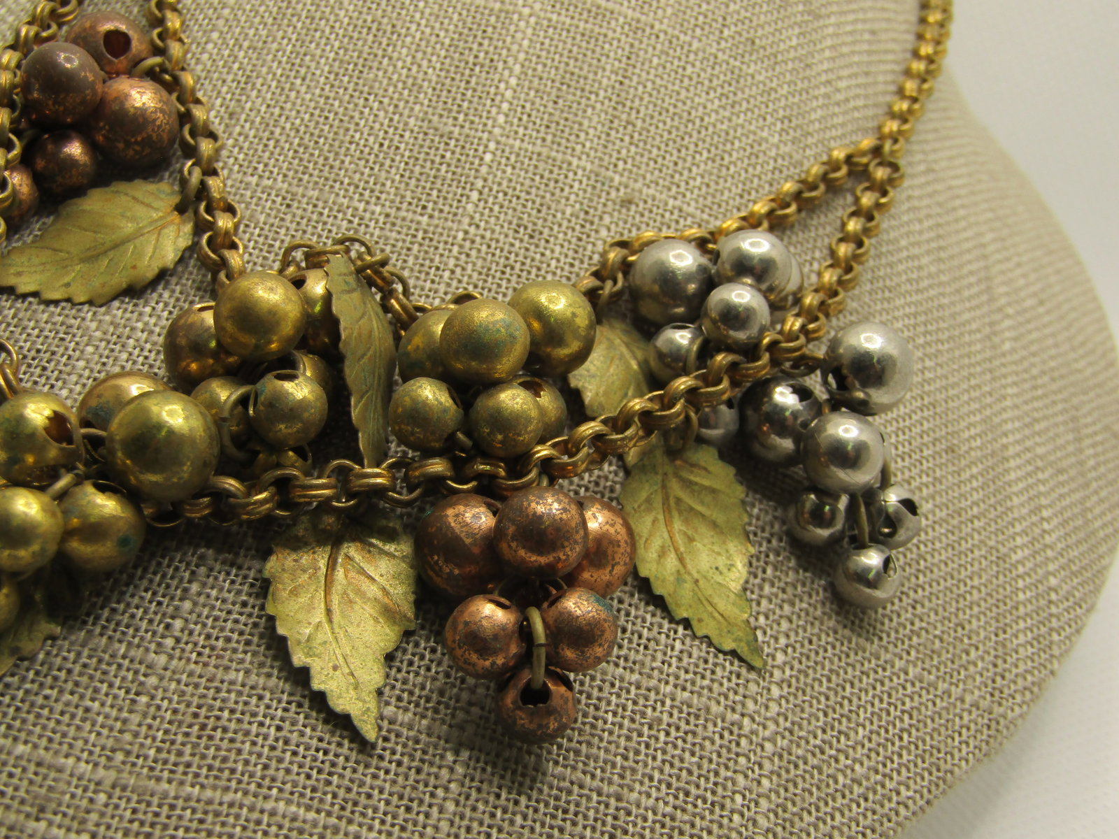 1940's Leaf & Cluster Beaded Drop Necklace, 15.75", Unsigned Miriam Haskell, Brass, Tri-Color - 5