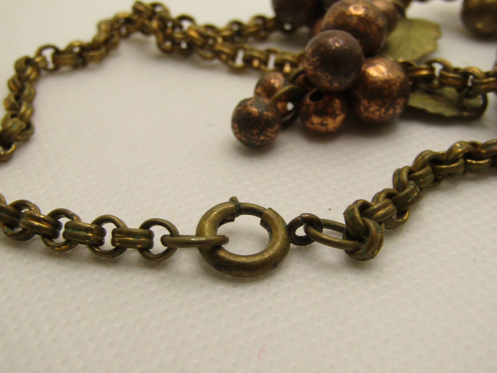 1940's Leaf & Cluster Beaded Drop Necklace, 15.75", Unsigned Miriam Haskell, Brass, Tri-Color - 7