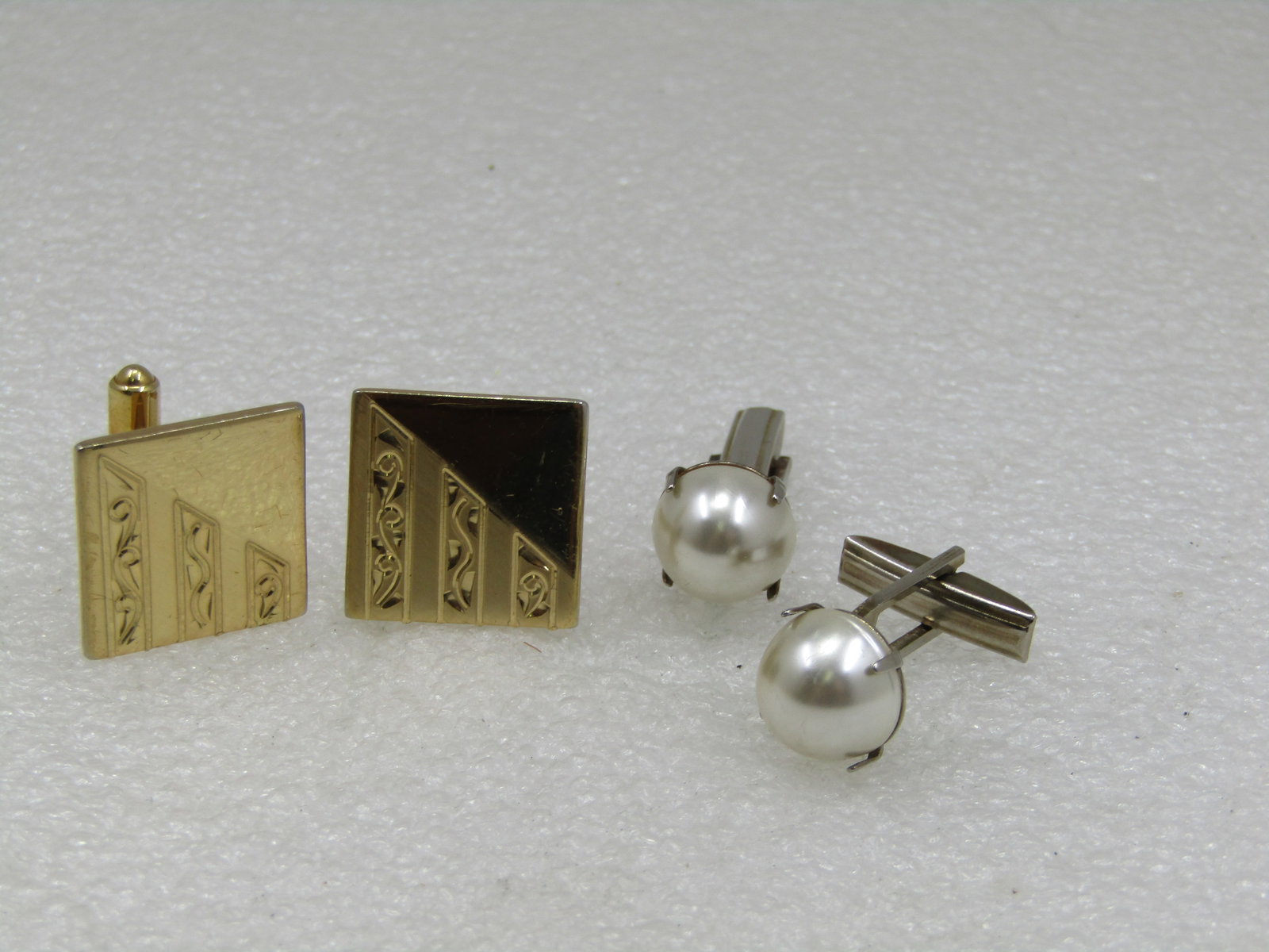 Vintage 2 Pair Cufflinks, 1950's, Faux Pearl & Square - 2