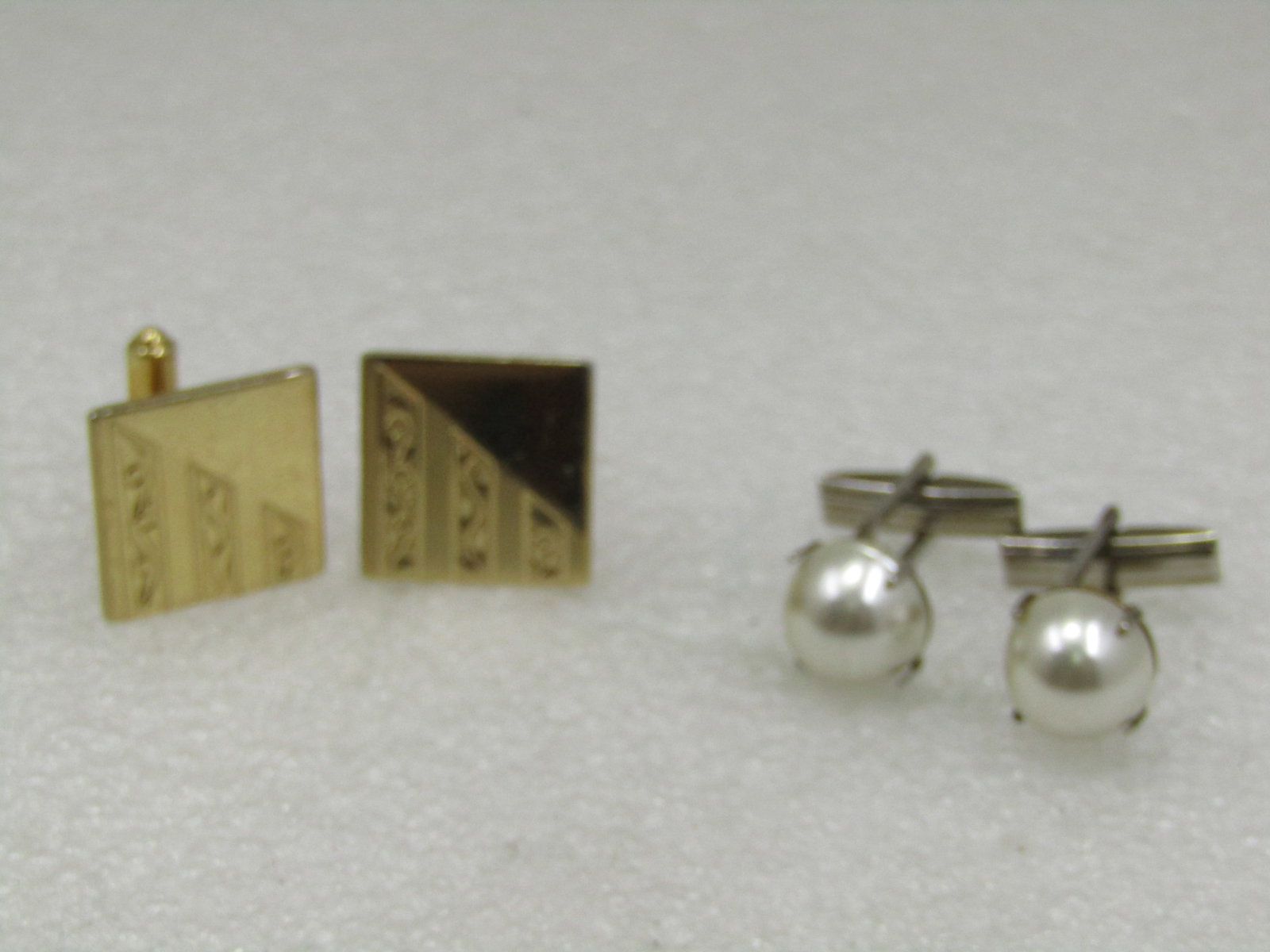 Vintage 2 Pair Cufflinks, 1950's, Faux Pearl & Square - 3