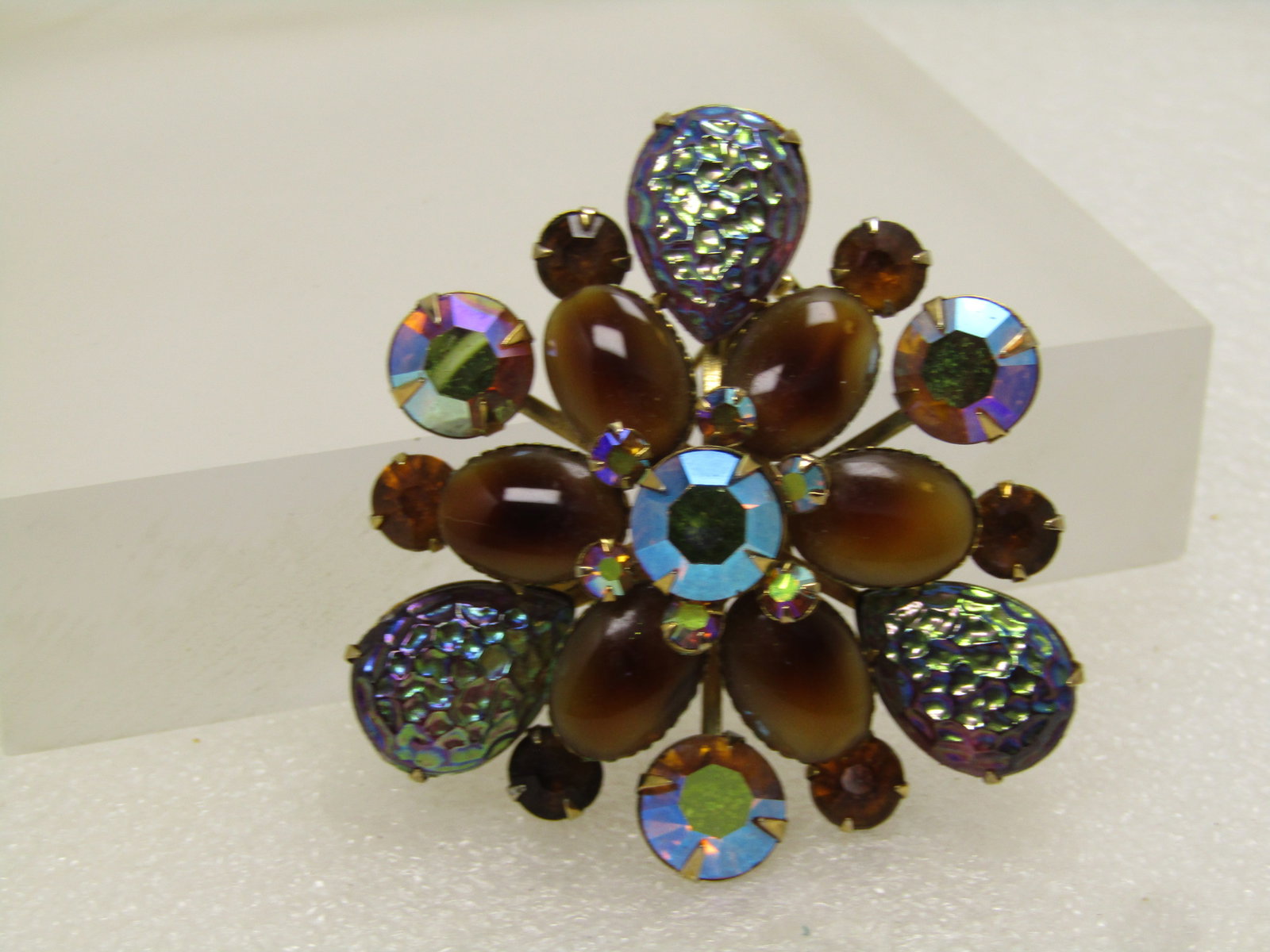 Vintage Brown Mixed Cab Brooch, Peacock Molded Glass, 1940's - 2