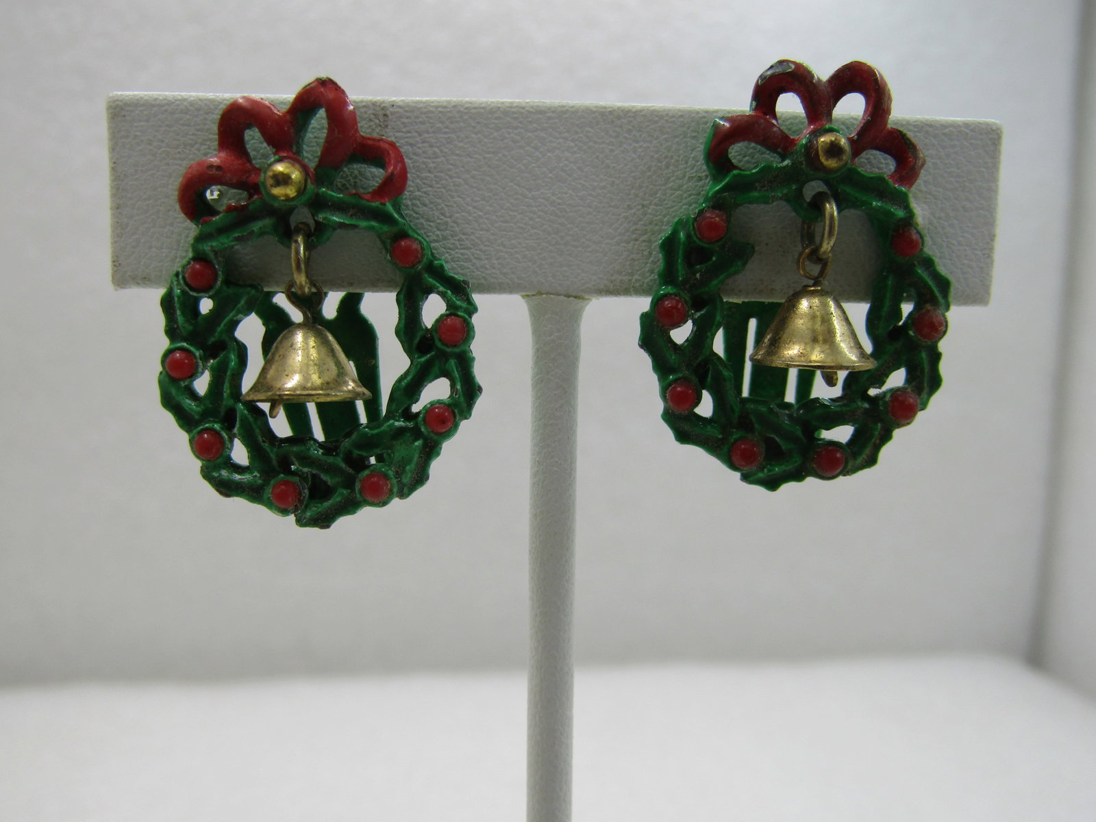 Vintage Green Enameled Christmas Bell Wreath Earrings, Clip - 2