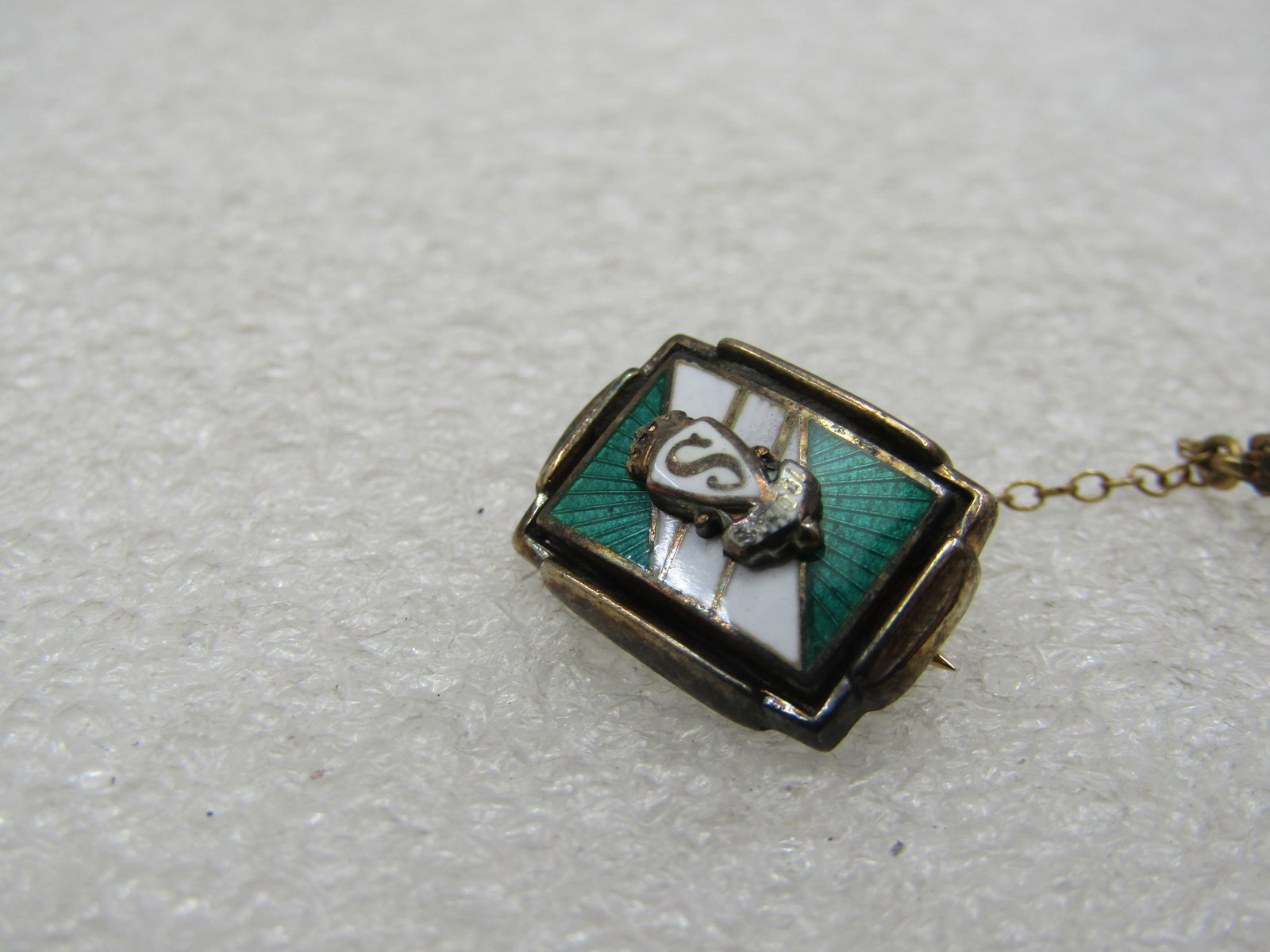 Vintage 1960's S School Pin with Year, Enameled Green & White - 2