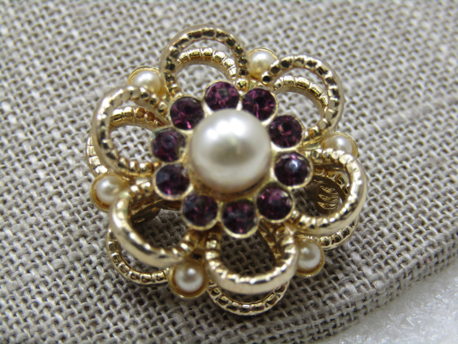 Vintage Faux Pearl Rhinestone Halo Brooch, 1", 1960's - 2