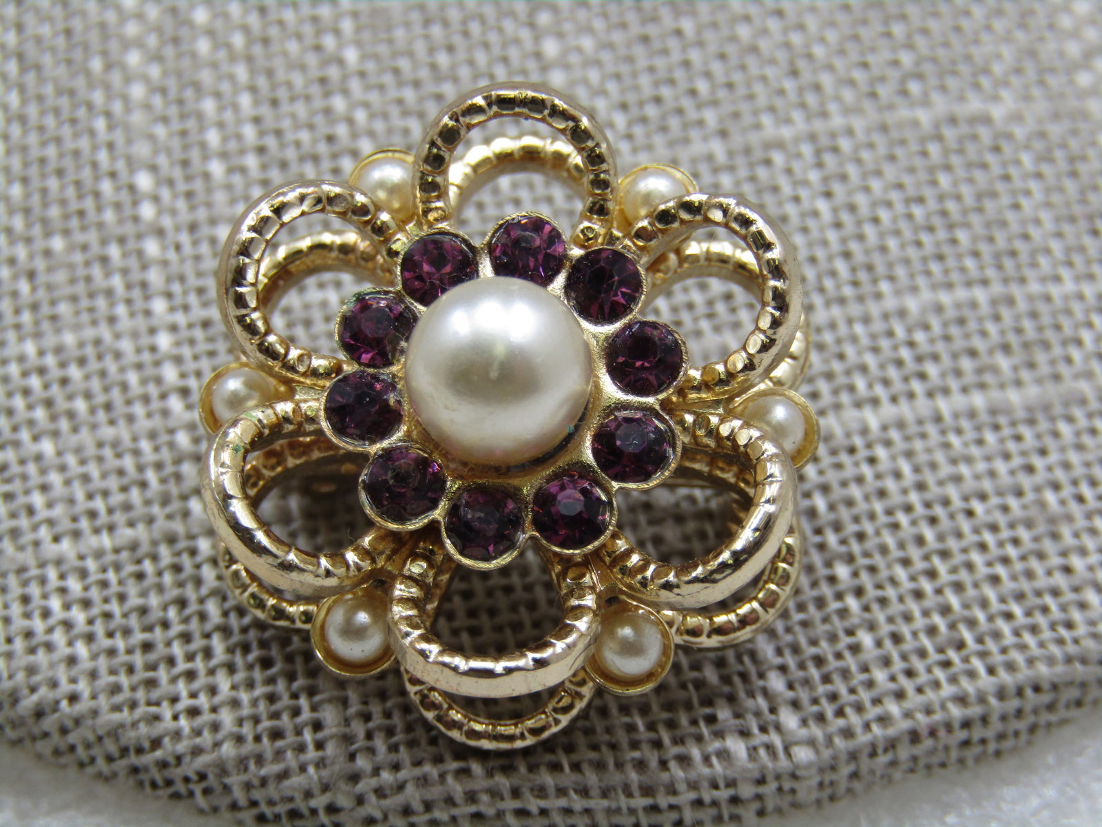 Vintage Faux Pearl Rhinestone Halo Brooch, 1", 1960's - 3