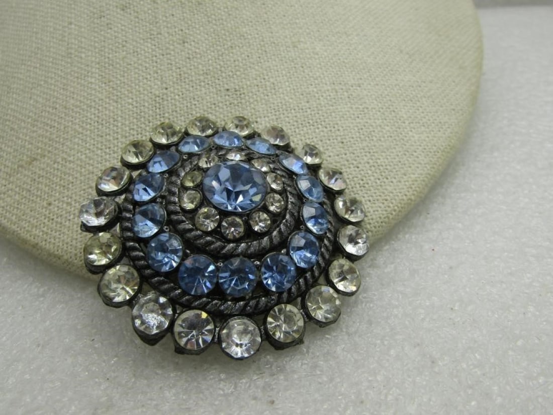 Vintage Blue & Clear Rhinestone Tiered Brooch, Mid-Century, 2", - 2
