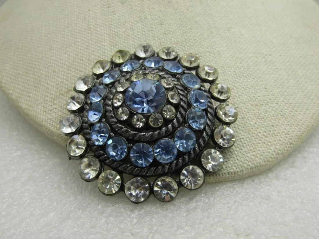 Vintage Blue & Clear Rhinestone Tiered Brooch, Mid-Century, 2", - 3