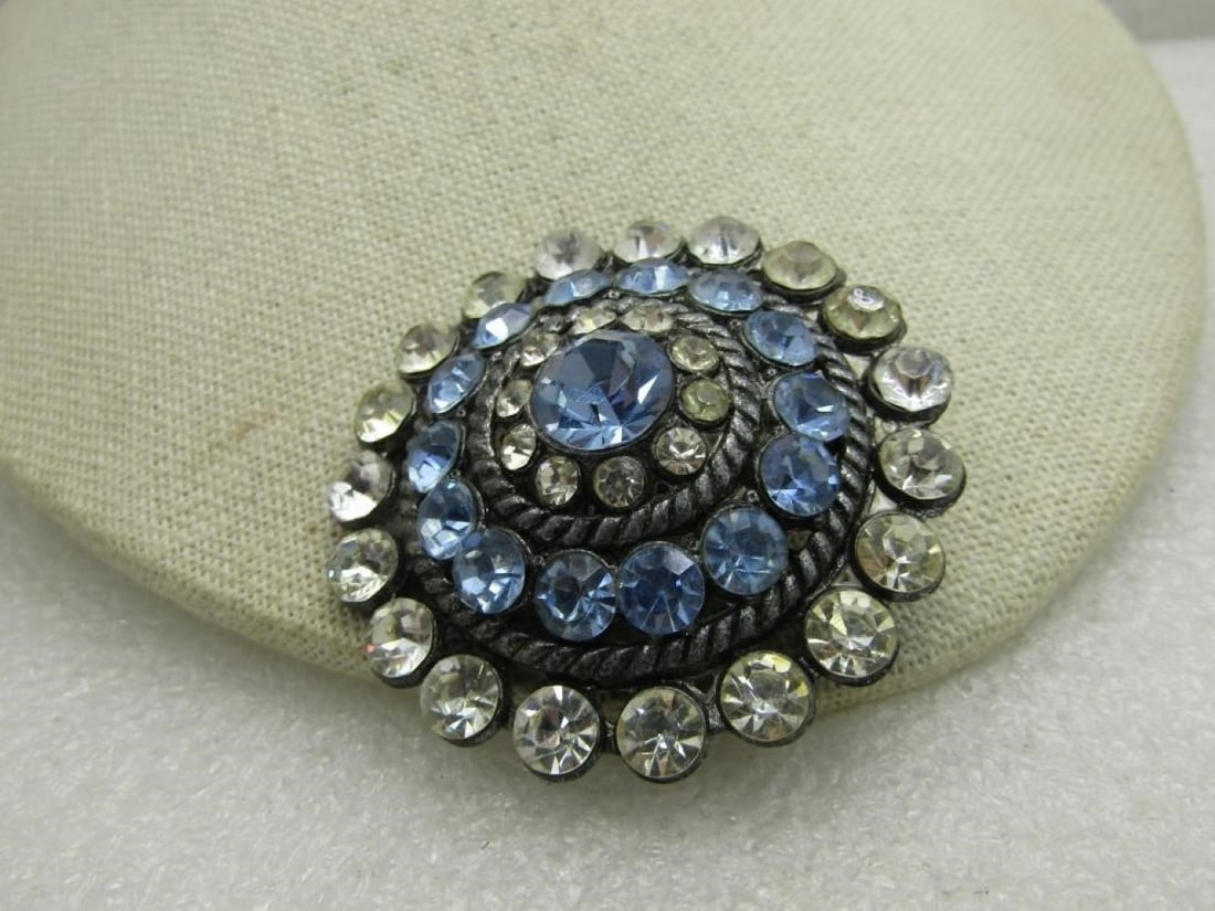 Vintage Blue & Clear Rhinestone Tiered Brooch, Mid-Century, 2", - 4