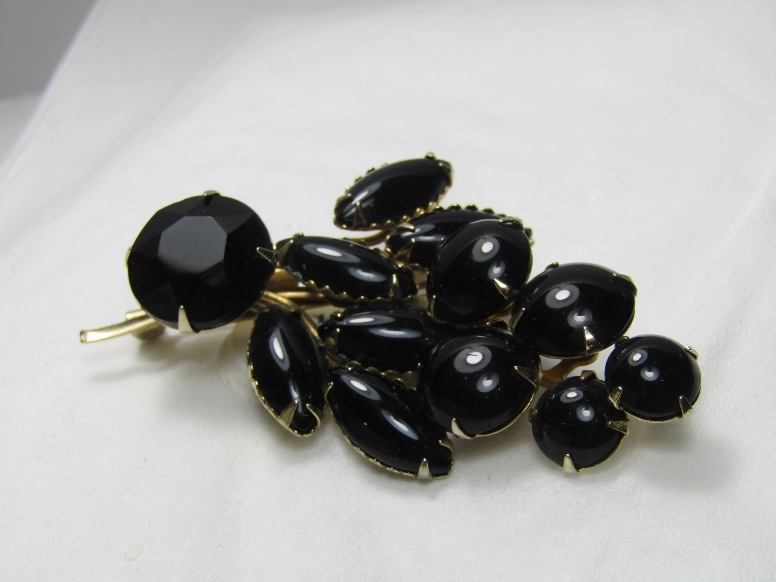 Vintage Black Glass Navette & Round Art Deco Brooch, 1960's, 2.5" - 2