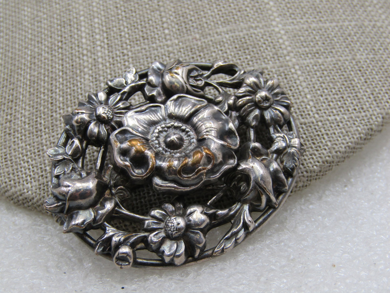 Vintage Silver Plated Mixed Floral Brooch, Mid-Century - 3