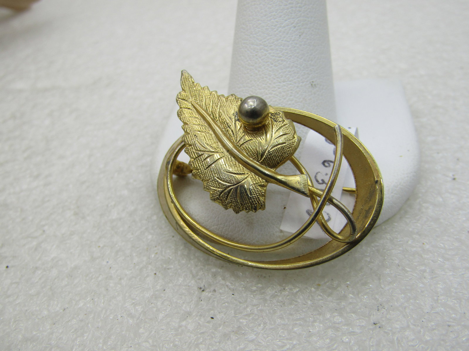 Vintage Leaf Brooch, Oval Frame, Gold Tone with silver tone bead accent - 1.5" - 4