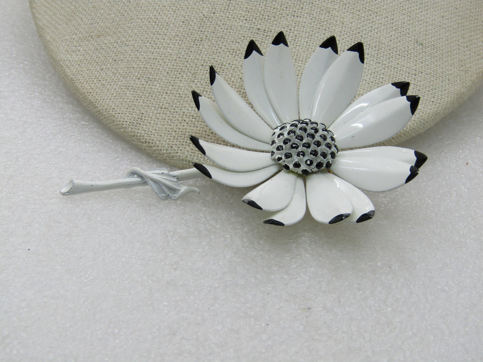 Vintage Black & White Enameled Floral Brooch, 2.5", 1960's - 2