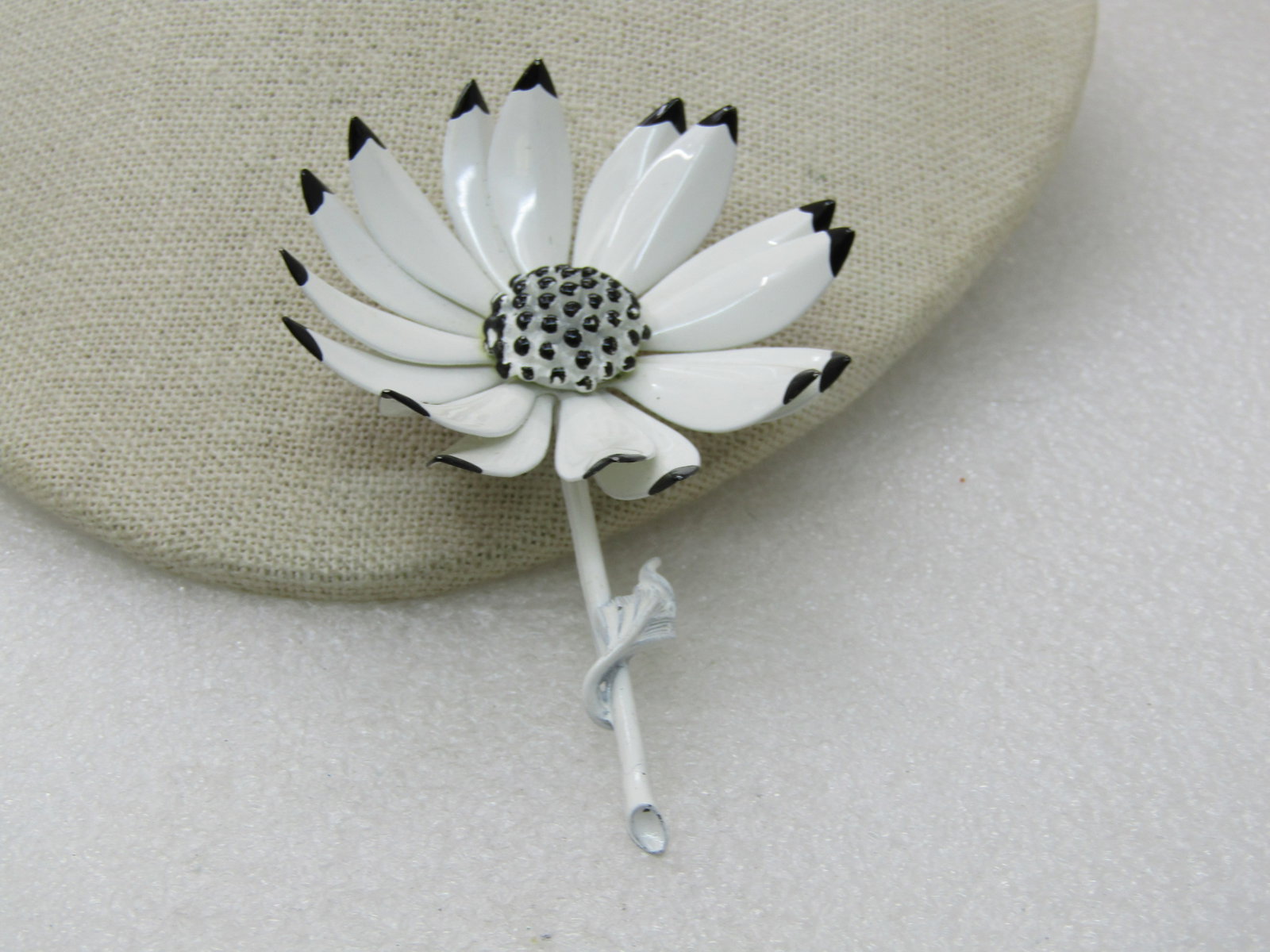 Vintage Black & White Enameled Floral Brooch, 2.5", 1960's - 3