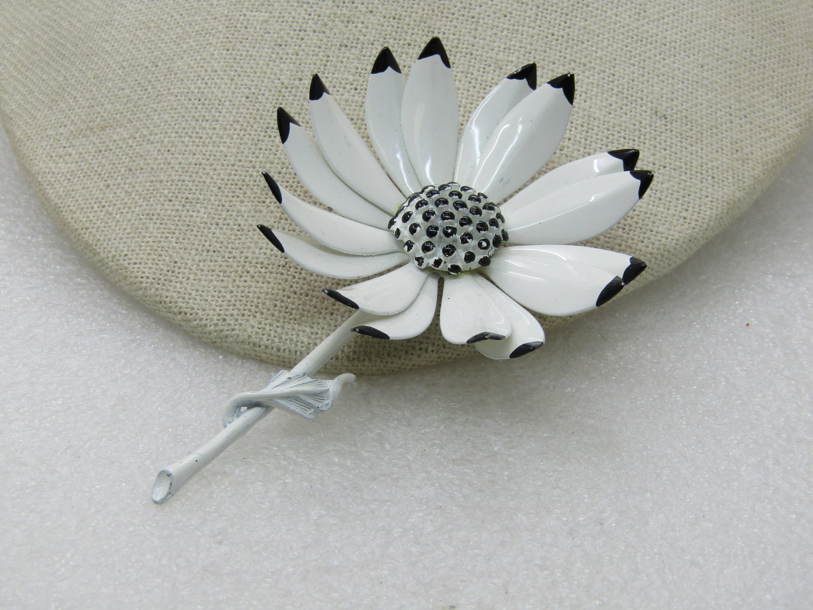 Vintage Black & White Enameled Floral Brooch, 2.5", 1960's - 6