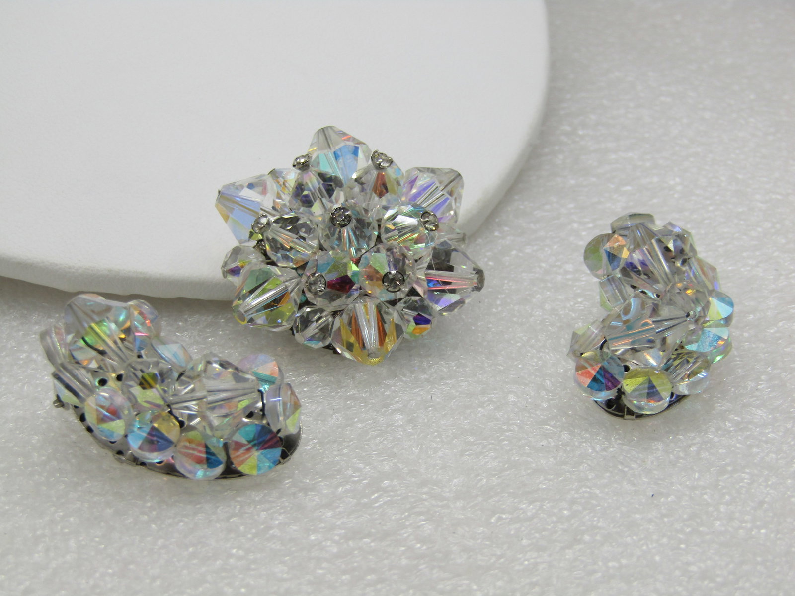 Vintage Crystal Aurora Borealis Brooch & Earrings, Mid-Century - 2