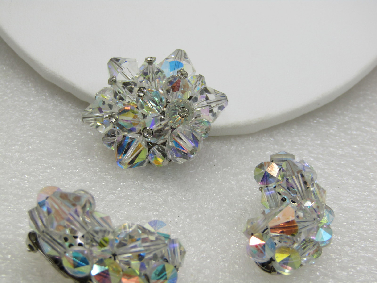 Vintage Crystal Aurora Borealis Brooch & Earrings, Mid-Century - 3
