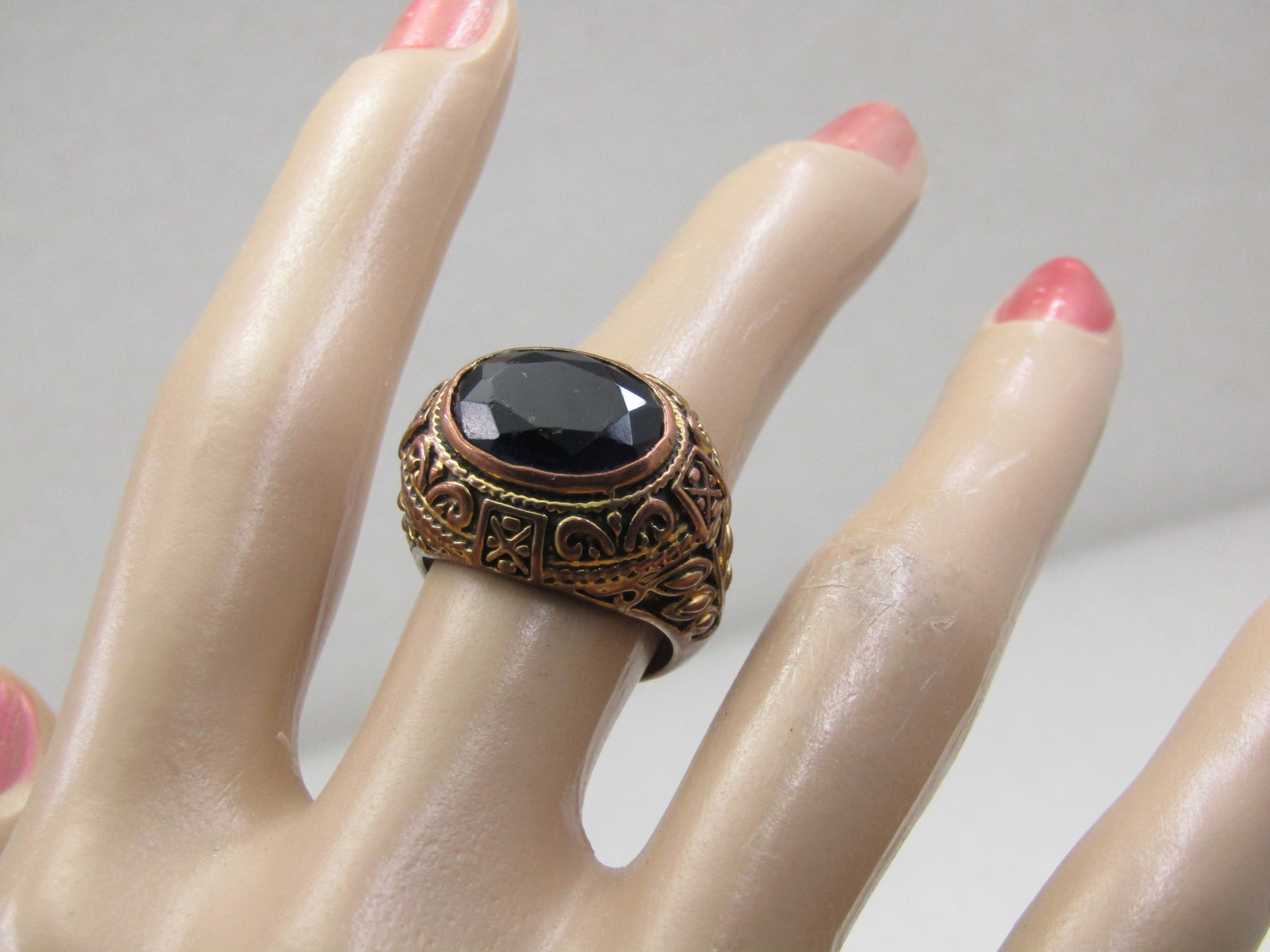 Vintage 10kt G.P. Black Statement Ring, Sz. 7.25. Two-Tone, Gothic Themed - 7