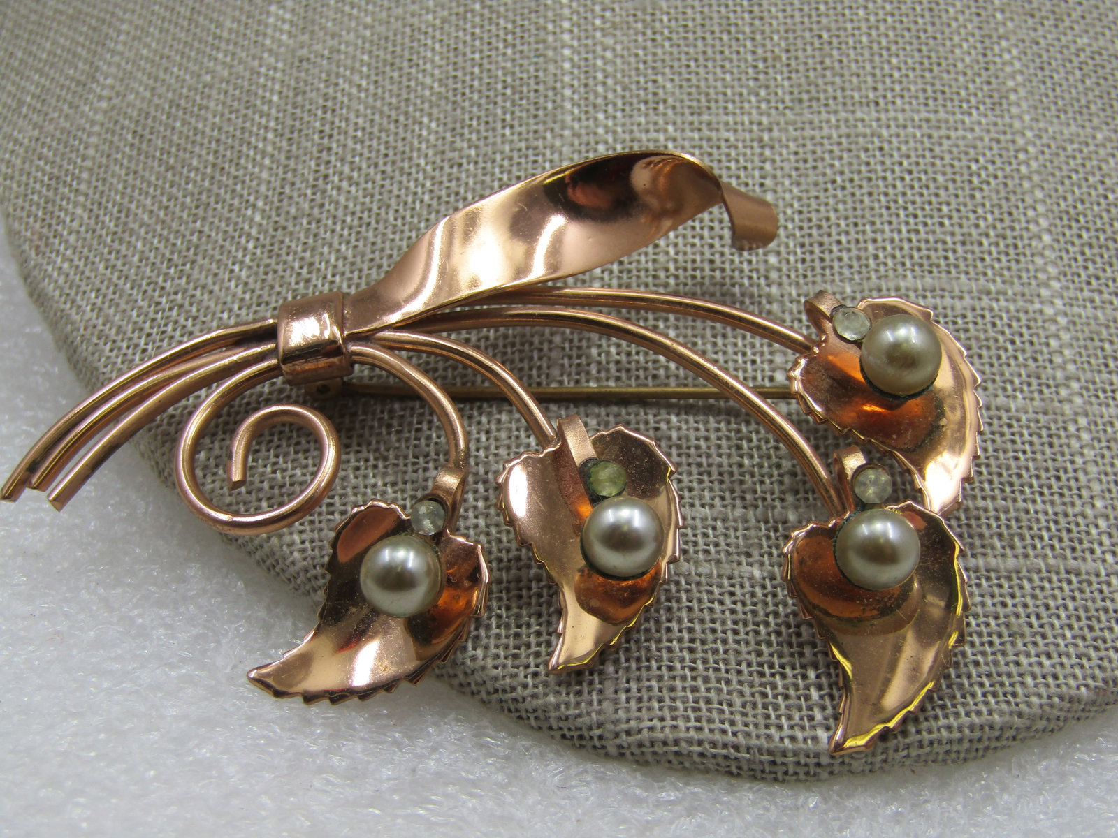 Vintage 1940's Rose Tone Floral Brooch, Pearl & Rhinestone Accents, 3" - 3