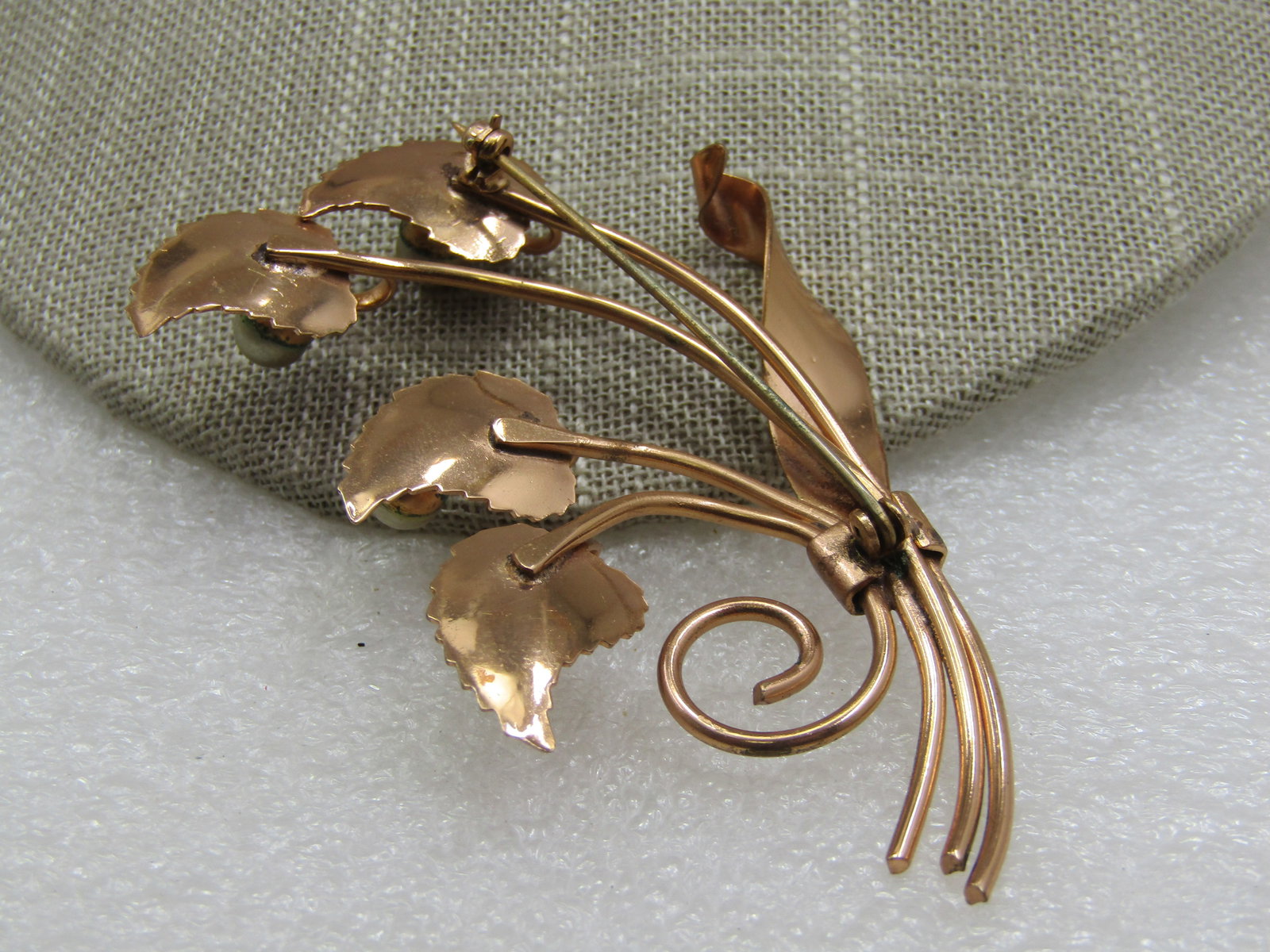 Vintage 1940's Rose Tone Floral Brooch, Pearl & Rhinestone Accents, 3" - 4