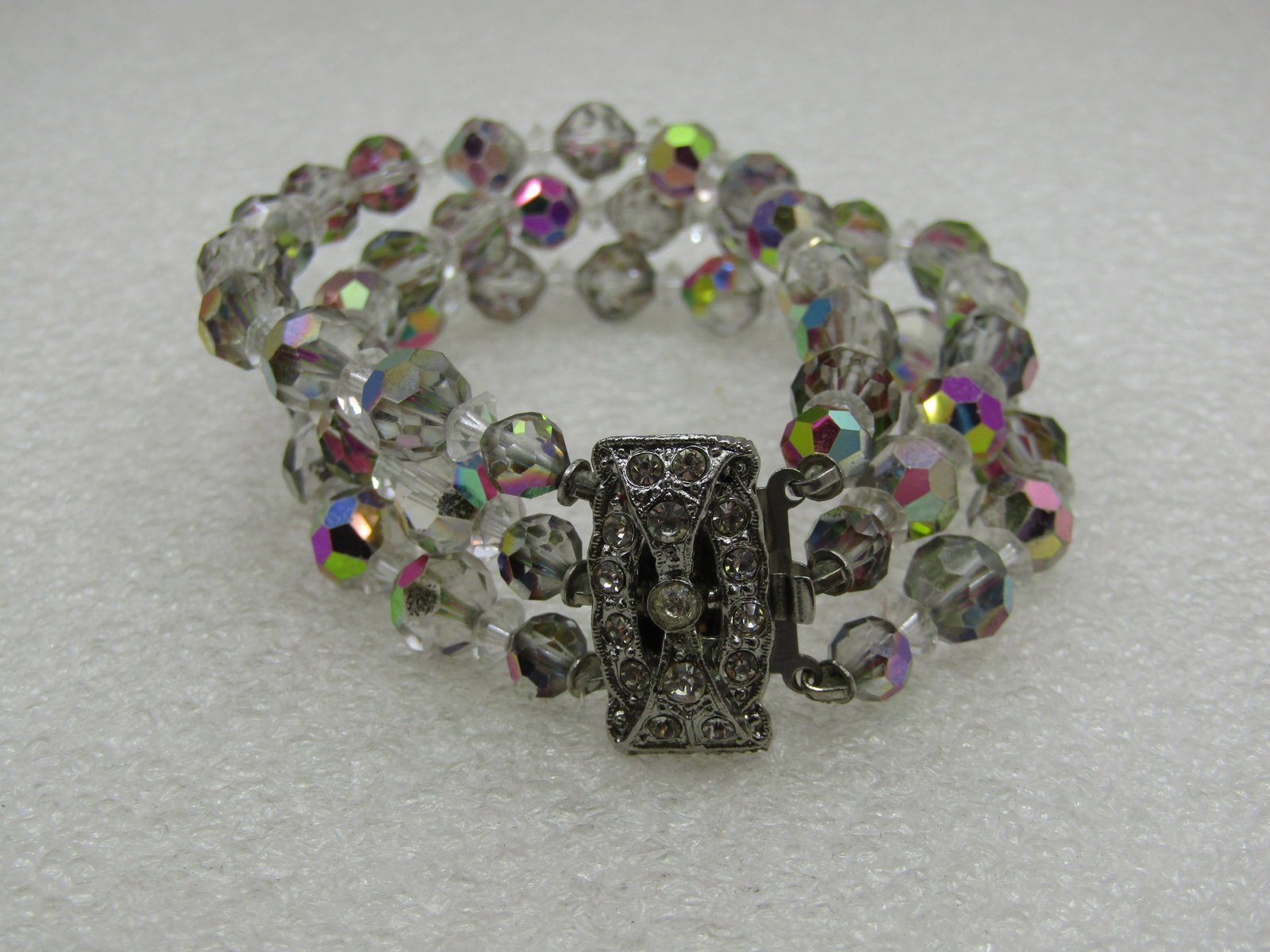Vintage Aurora Borealis Crystal Bracelet, Triple Strand, 7.5" - 2