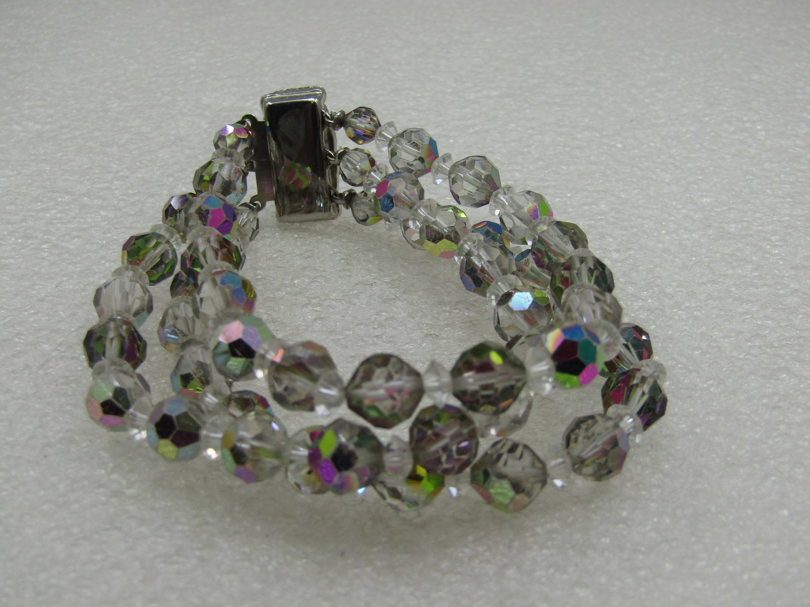 Vintage Aurora Borealis Crystal Bracelet, Triple Strand, 7.5" - 3