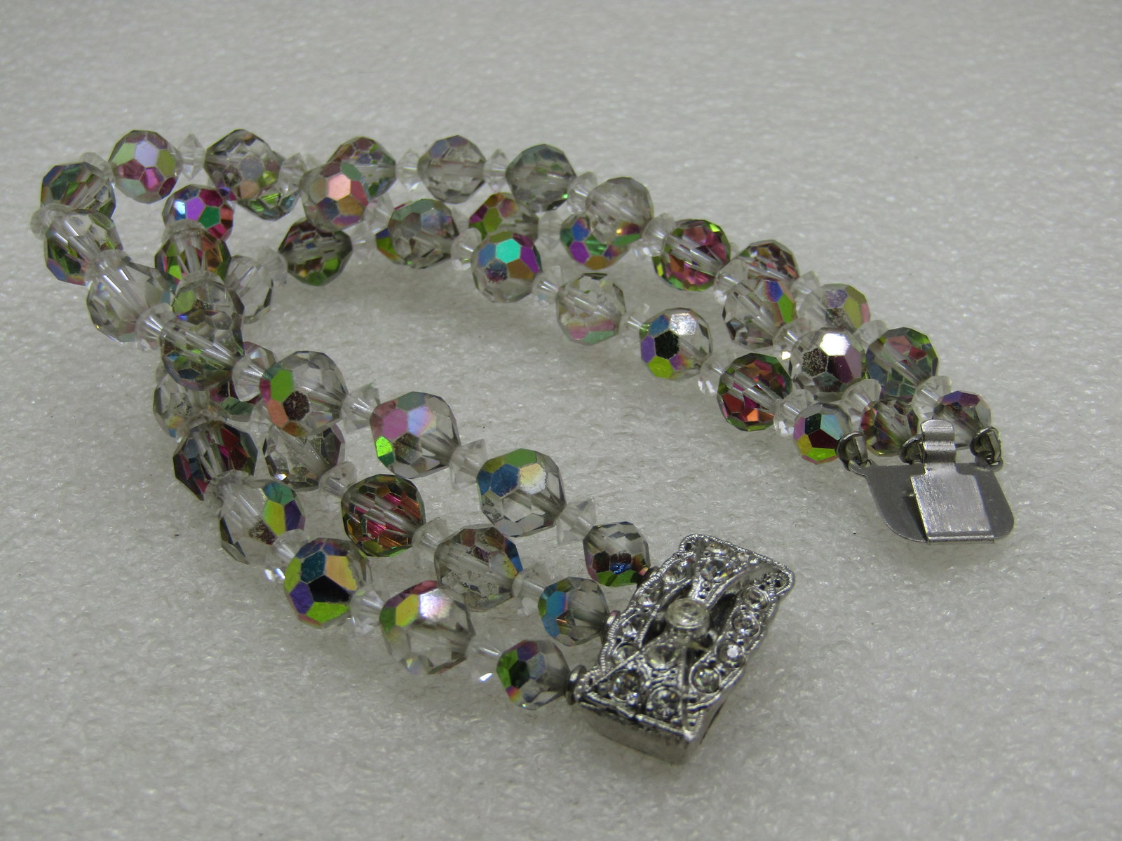 Vintage Aurora Borealis Crystal Bracelet, Triple Strand, 7.5" - 4